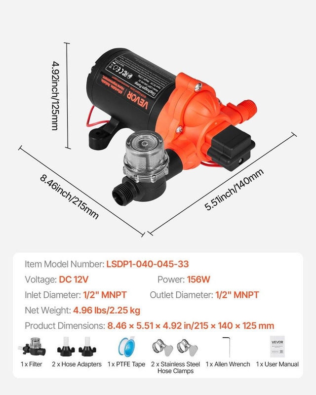Buying Solutions MB Wohnmobil Wasserpumpe, 12V DC, 4 GPM (15,1 L/min), 3-Kammer-Selbstansaugende Membran-Wasserpumpe mit automatischem Druckschalter, max. 40 PSI Druck, Orange - Bild 4