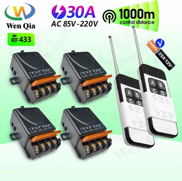 WenQia Drahtloser Fernbedienungsschalter 433MHz mit 30A Hochleistungs-RF-Relaismodul und 1000m Reichweite in Schwarz - Bild 1