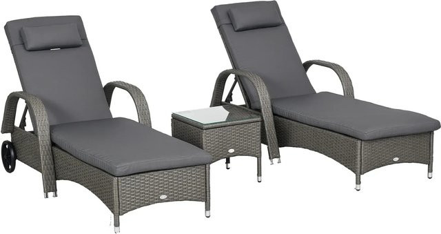 Outsunny 3er-Set Gartenliegen aus Polyrattan und Metall in Grau und Anthrazit mit verstellbarer Kopfstütze und Rollen, B: 73 cm, L: 200 cm, H: 103 cm - Bild 2