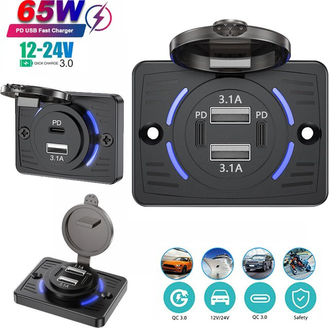 Dual USB und USB-C Autoladegerät mit Dual PD Schnellladefunktion, wasserdichte Steckdose für Auto, LKW, Boot und RV, Schwarz, 12V/24V - Bild 1
