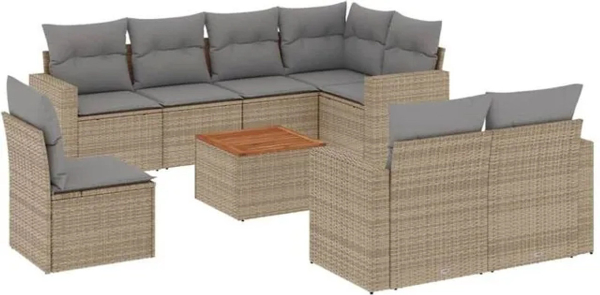 Vidaxl 9-tlg. Garten-Sofagarnitur aus Polyrattan und Akazie mit Kissen in Beige und Grau - Bild 1