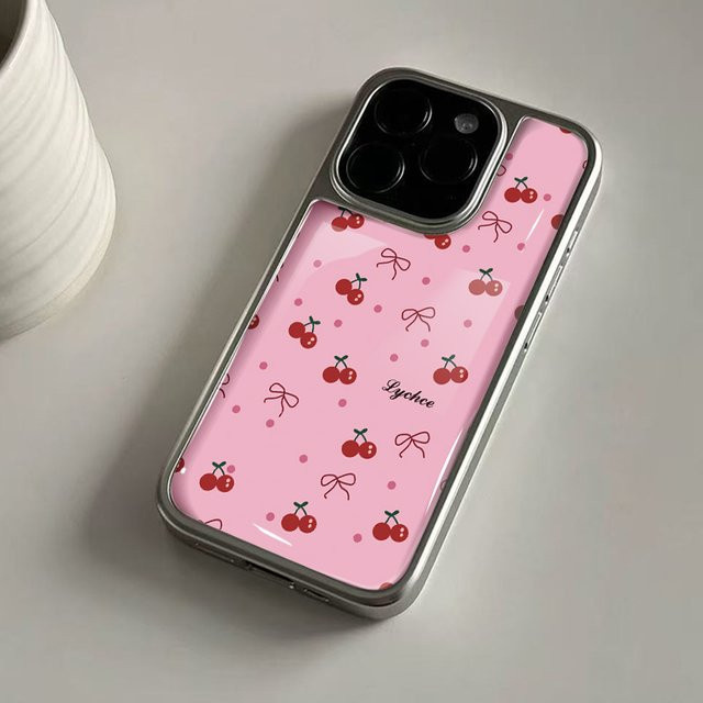 DecoPhone Stoßfeste Hydrogel-Handyhülle mit Kirschschleife und Silberrand für iPhone 17 16 15 14 Pro Max in Pink - Bild 1