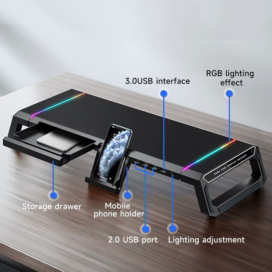 ELOOLE RGB Computer-Monitorständer in Schwarz mit USB 2.0/3.0 Schnittstellen, Aufbewahrungsschublade und Handyhalterung zur Computererhöhung für dein Gaming-Setup - Bild 5