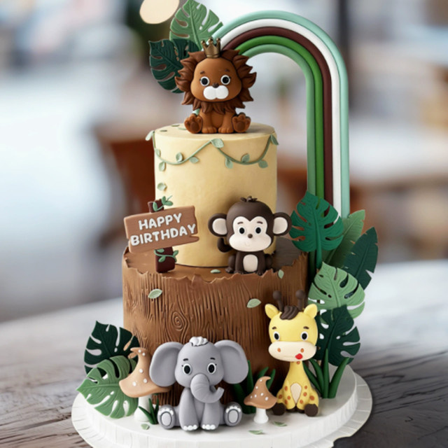 Alivparty Safari Dschungel Tier Kuchen Topper mit Giraffe Elefant Affe Löwe - Bild 1