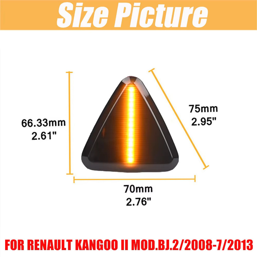Malcayang Dynamische LED Frontfender-Blinker und Seitenmarkierungsleuchte in Orange für Renault Kangoo II (Baujahr 2008–2013) mit Räucherlinse - Bild 2