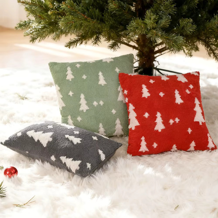 BUYNOW Plüsch Kissenbezug mit Weihnachtsbaum-Jacquard-Design für Sofa und Bett, Grau und Rot - Bild 2