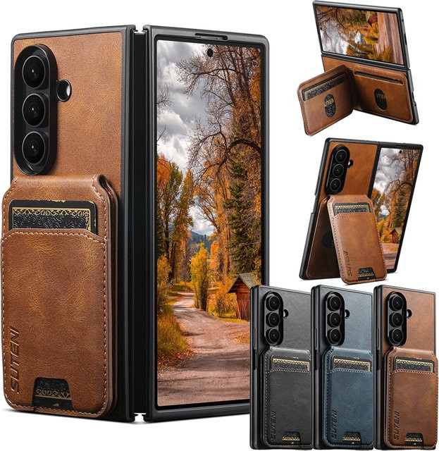 Leder-Schutzhülle für Samsung Galaxy Z Fold 7, 6 und 5 in Schwarz mit Kartenfächern und Ständerfunktion - Bild 1