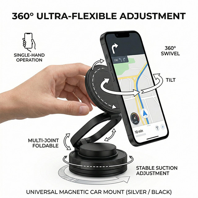 Universeller Magnet-Autohalter für Handys, verstellbare und faltbare Handyhalterung für das Armaturenbrett in Schwarz - Bild 1