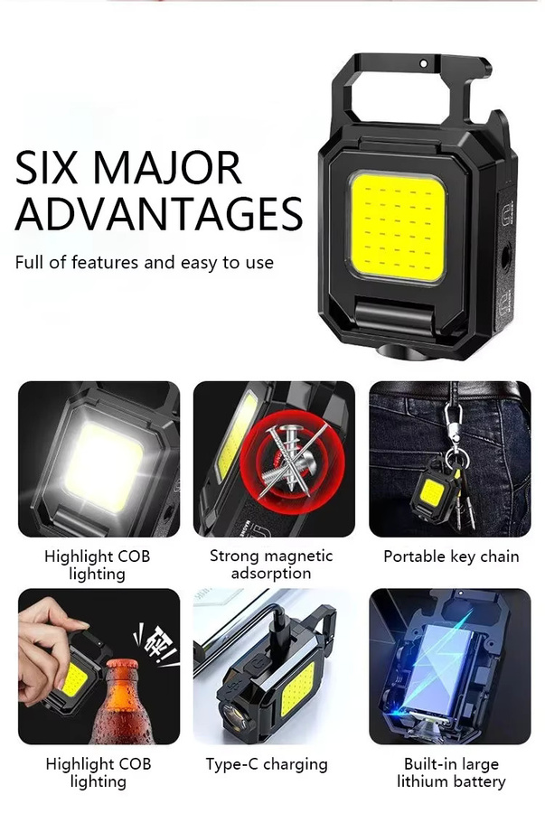 NEWBIRTH Mini-LED-Taschenlampe als Schlüsselanhänger mit doppeltem COB-Licht, wiederaufladbar via USB, mit Magnet und integriertem Akku, Farbe: Schwarz - Bild 4