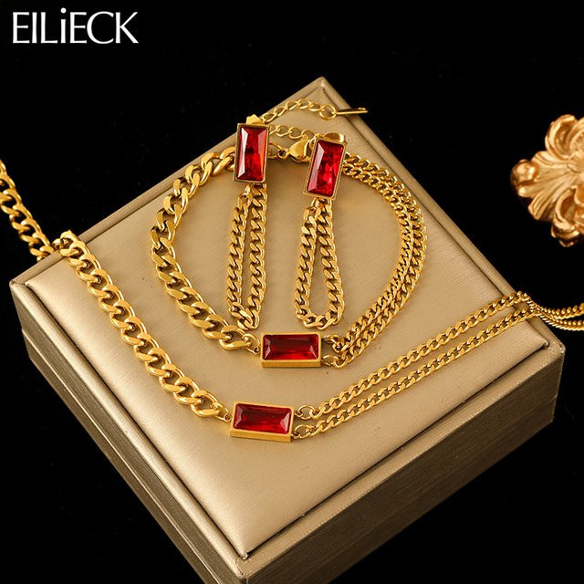 Eilieck Schmuck-Set Edelstahl, rot, Kristall, Zirkonia, Damen - Bild 1