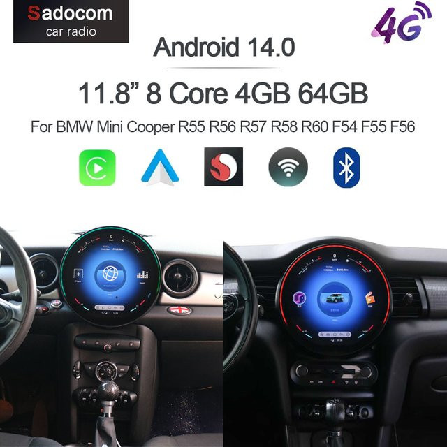 Sadocom Android 14.0 Autoradio Multimedia-Player mit Carplay und DSP, 11,8 Zoll, 8GB RAM, 128GB ROM, Schwarz, passend für BMW Mini Cooper R55 R56 R57 R58 R60 F54 F55 F56 NBT - Bild 1