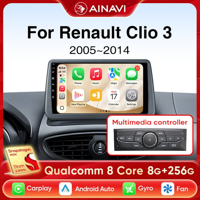 Ainavi Autoradio für Renault Clio 3 (2005–2014) mit kabellosem CarPlay, Android Auto, 4G, GPS und Navigation in Schwarz - Bild 1