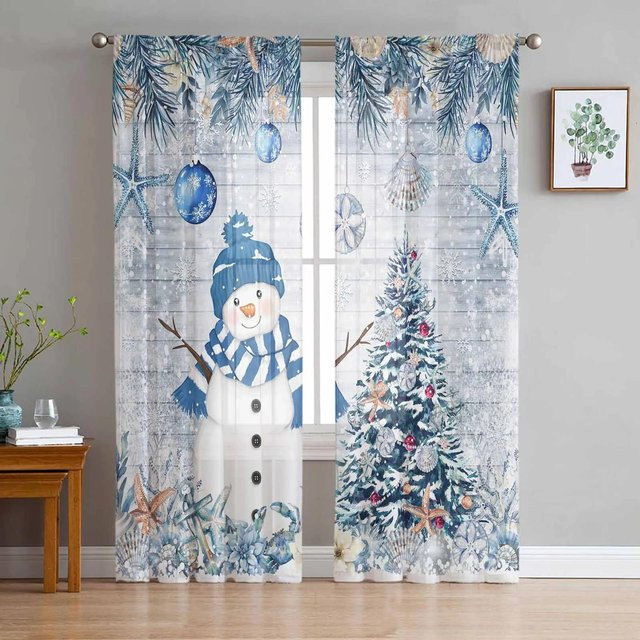 Transparente Tüll-Vorhänge mit Schneemann-Motiv für Weihnachten und Winter, Farbe Grau, B: 135 cm, H: 115 cm - Bild 1