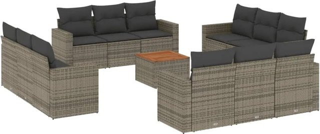 vidaXL 13-teilige Garten-Sofagarnitur aus Poly-Rattan und Akazienholz in Grau mit Kissen - Bild 1