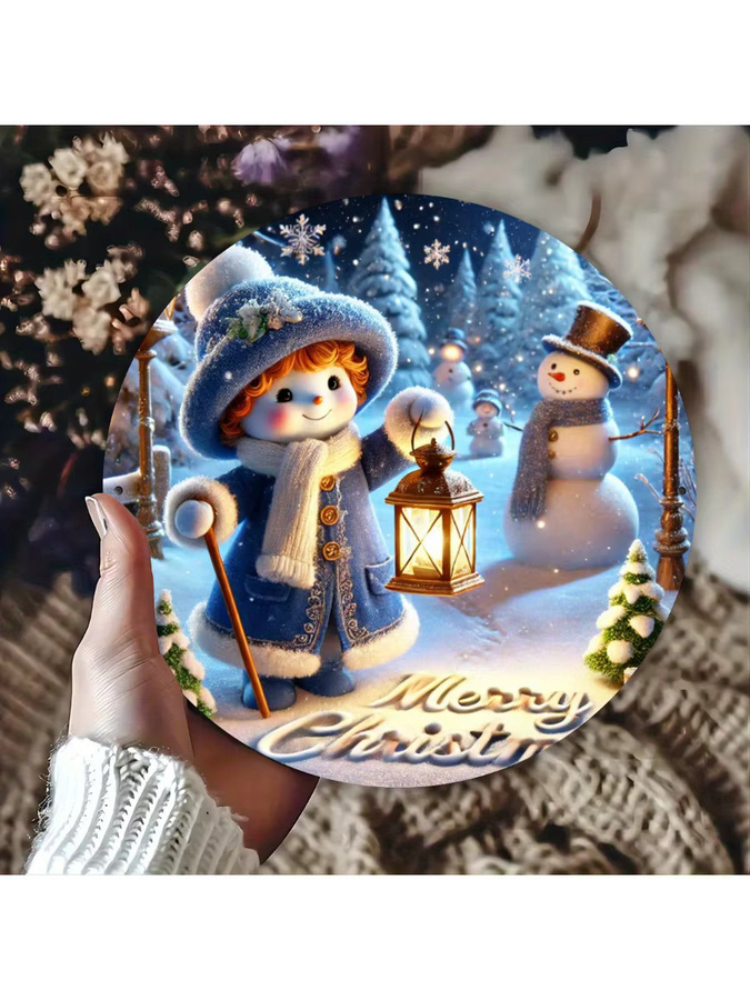Potdemiel Weihnachts-Kranzschild Schneemann aus Metall, runder Wanddekor mit Winterszene, Durchmesser: 20,32 cm - Bild 5