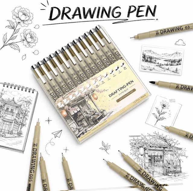 Micron Fineliner Zeichenset mit 12 Größen, Wasserfeste schwarze Tinte für Manga, Skizzen und Innenarchitektur - Bild 1