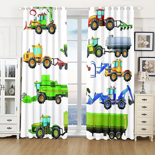 Yiran Furniture Kinder Vorhänge mit Cartoon Fahrzeugen, 2er Set, Weiß, B: 50 cm, H: 130 cm - Bild 1