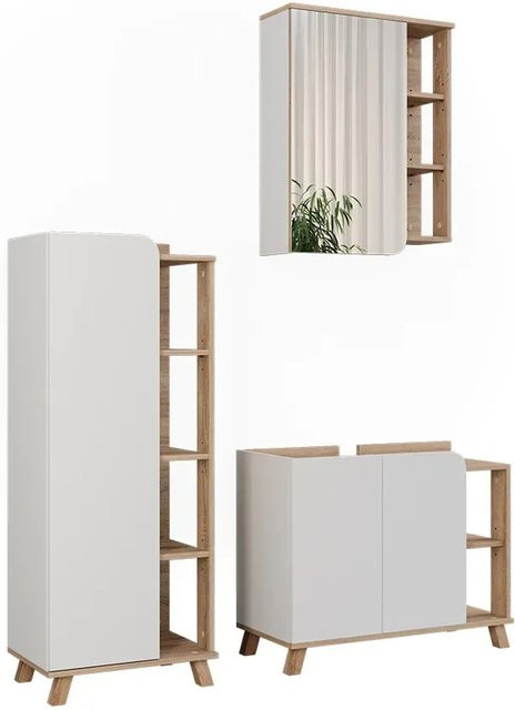 Vicco Badmöbel-Set Karen in Sonoma und Weiß, 3-teilig mit Waschtischunterschrank, Spiegelschrank und Hochschrank - Bild 1