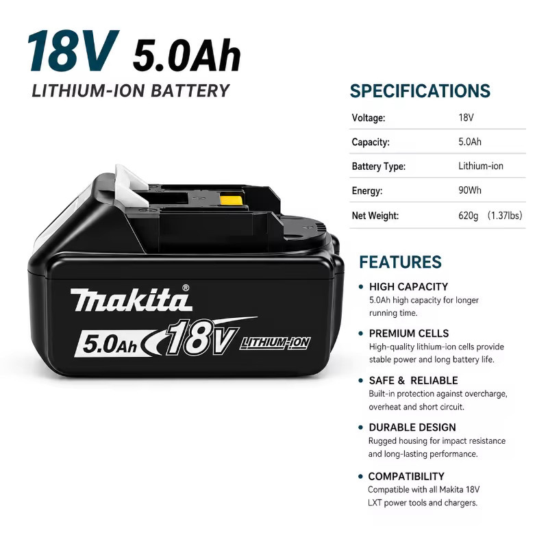 Makita Li-Ionen-Akku 18V 5,0Ah Ersatz für LXT Kabellose Werkzeuge, Farbe: Schwarz - Bild 3