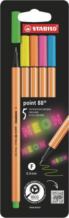 STABILO point 88 Fineliner Neon Set mit 5 Farben: Neongelb, Neonblau, Neongrün, Neonorange und Neonpink