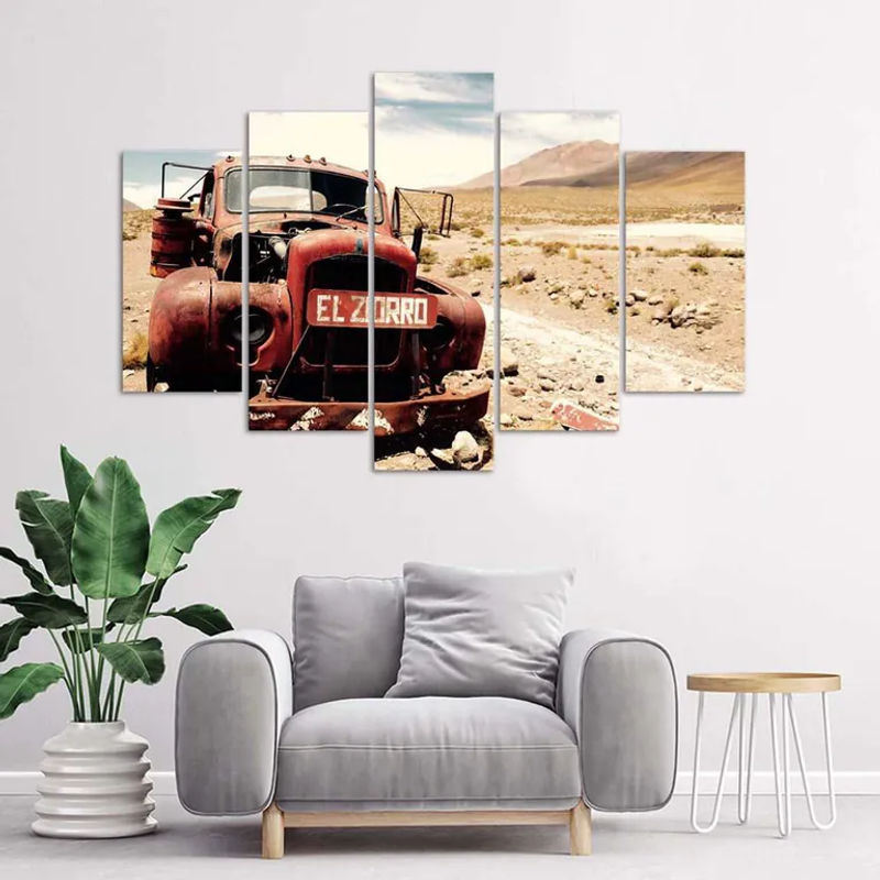 Fünfteiliger Leinwanddruck Feeby Vintage altes Auto in der Wüste, Farbe: Braun, B: 100 cm, H: 70 cm - Bild 2