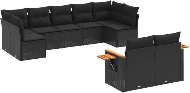 vidaXL 9-teilige Garten-Sofagarnitur aus Poly-Rattan und Akazienholz in Schwarz mit Kissen - Bild 1
