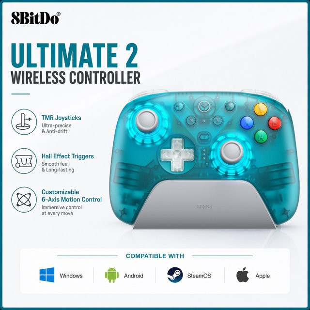 8BitDo Ultimate 2 Kabelloser Spielcontroller mit TMR Joystick und Ladestation für Windows, Android, PC und Steam - Bild 1