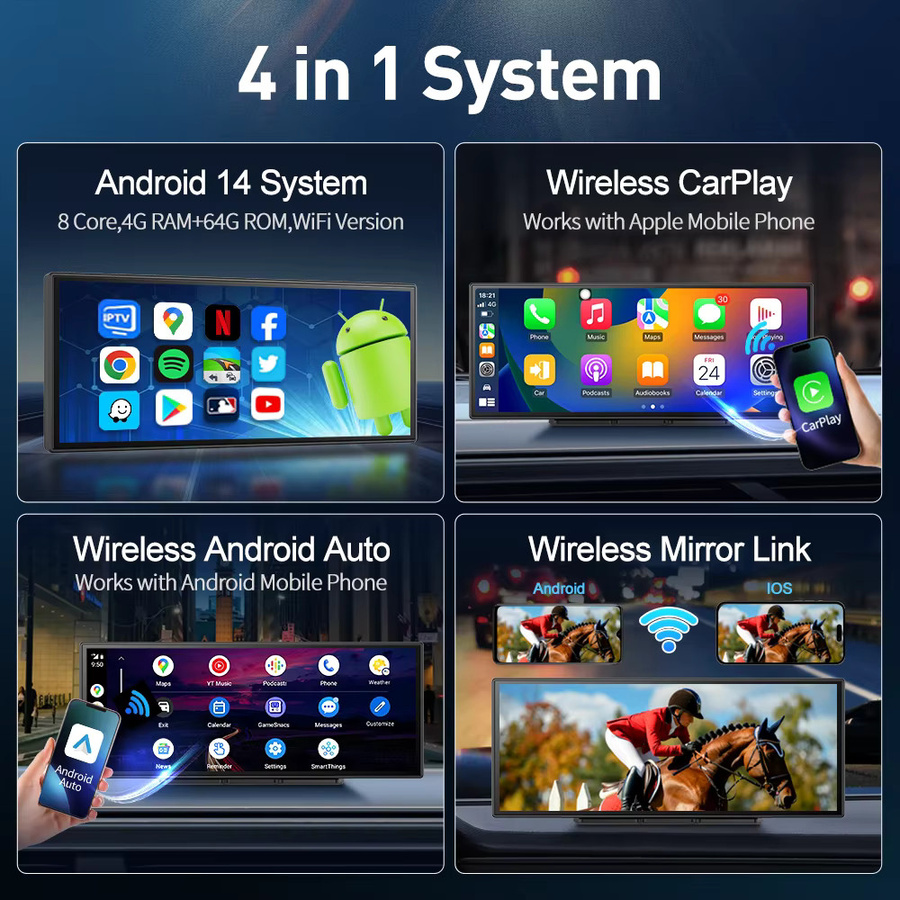 BYUJQ KI-Bildschirm mit 11,4 Zoll Android 14, 8-Kern-Prozessor, 4+64 GB, Dashcam, kabelloses CarPlay & Android Auto, Google Play, GPS-Navigation und Autovideorekorder in Schwarz - Bild 2