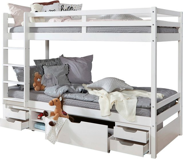 TiCAA Etagenbett Finn aus massivem Kiefer in Weiß mit 4er Funktionsschubkasten, H x B x T: 209 x 96 x 75 cm - Bild 1