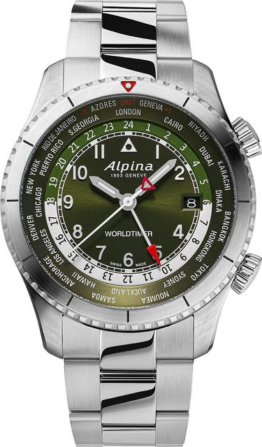 Alpina Startimer Pilot Worldtimer Herrenuhr, Quarz, Edelstahl, 41 mm, Grün - Bild 1