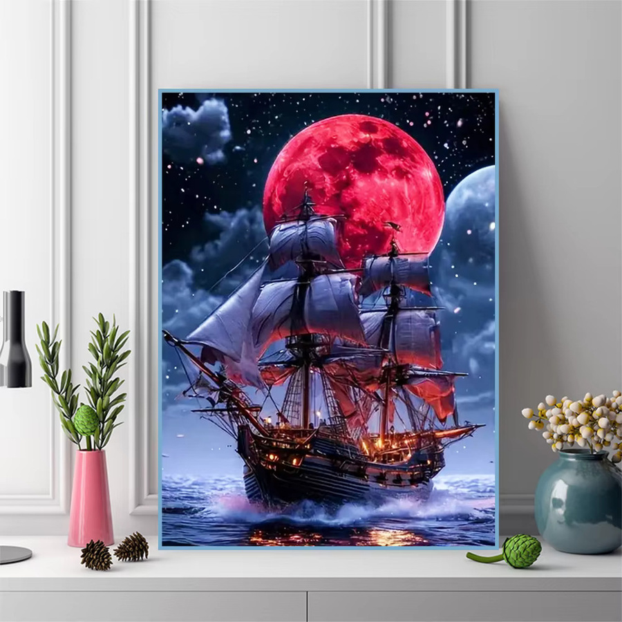 Momoart Diamantmalerei Schiff Landschaft mit Mond als DIY Mosaik Set in Mehrfarbig - Bild 3