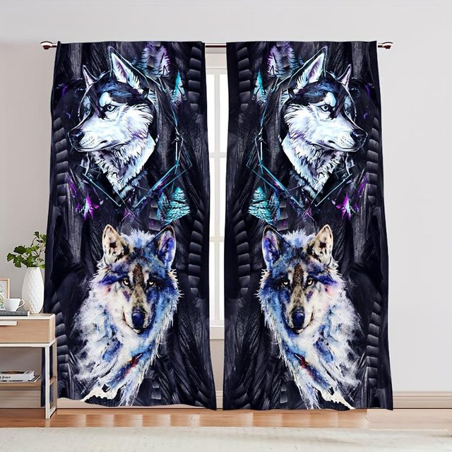 Yiran Furniture Traumfänger Wolfsdruck Vorhänge im 2er-Set, transparente Boho Sichtschutzvorhänge mit Ösen, Farbe: Schwarz, B: 65 cm, H: 60 cm - Bild 1