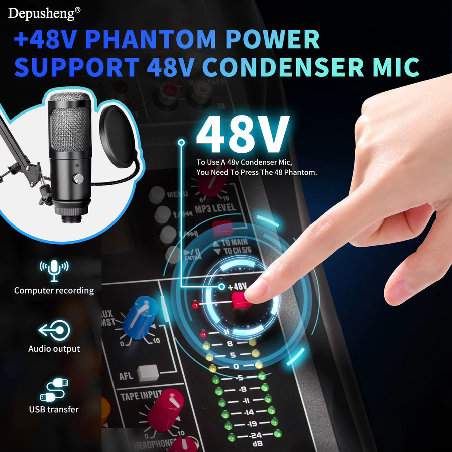 Depusheng DX6 Professioneller 6-Kanal Audiomixer mit Bluetooth und USB PC-Aufnahmeeingang, Schwarz - Bild 4