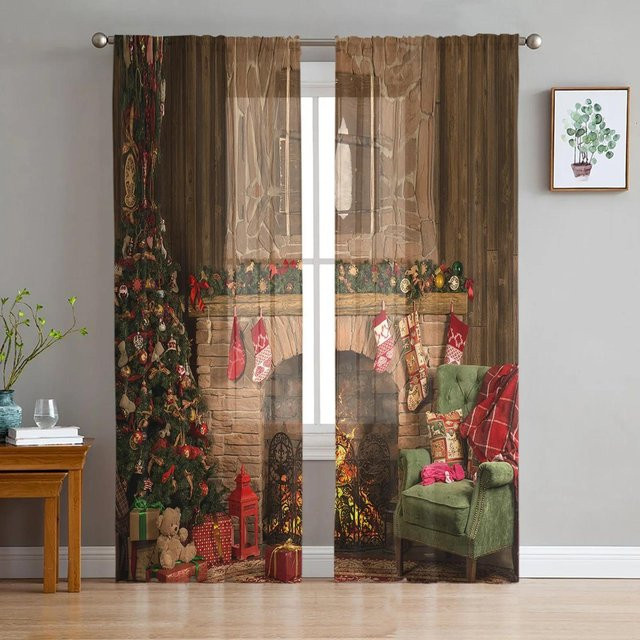 Yiran Furniture Weihnachtliche Transparent Vorhänge mit Schneeflocken und Wichteln, Tüllgardine für Wohnzimmer und Küche, B: 135 cm, H: 115 cm - Bild 1