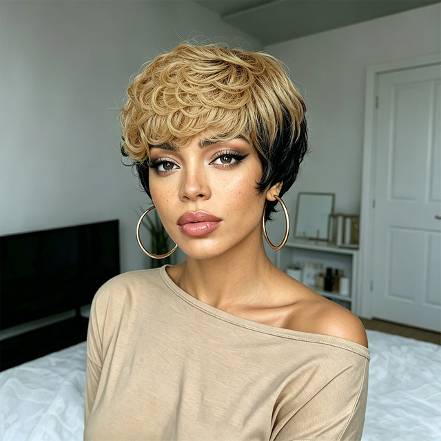 OYM HAIR Afro Kinky Curly Bob Perücke, Echthaar, Schwarz Champagnerfarben, mit Pony - Bild 1