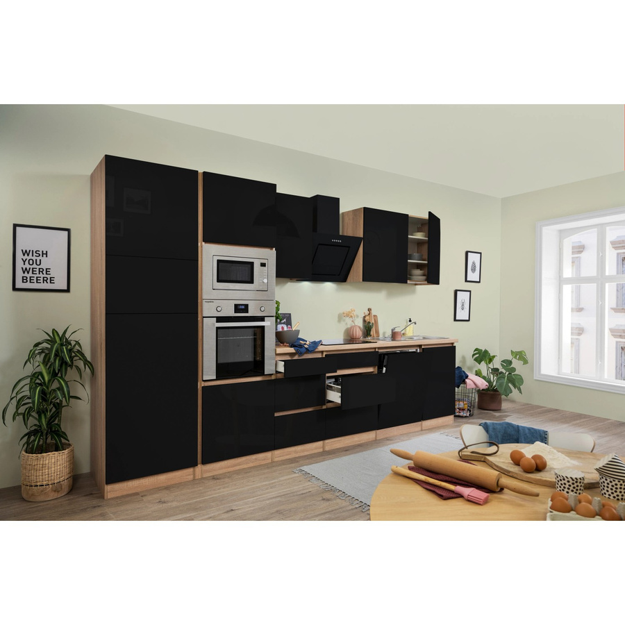 Respekta Premium Küchenzeile modern in Schwarz Hochglanz und Eiche Sonoma, B/H/T: 345 x 220,5 x 60 cm - Bild 2