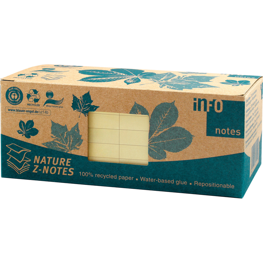 Info Haftnotizen Z-Notes Nature in Gelb mit Z-Faltung aus Recyclingpapier, B: 7,5 cm, H: 7,5 cm, 12 Blöcke à 100 Blatt - Bild 2
