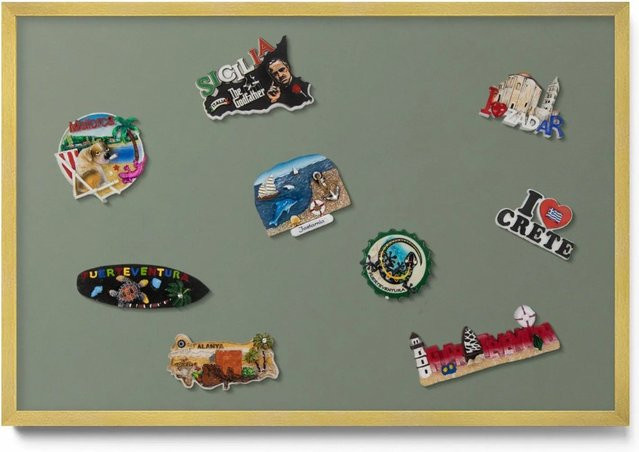 Tulup Magnettafel aus Metall in Olivgrün mit Goldrahmen, Wand-Magnetboard für Reisesouvenirs, B: 60 cm, H: 40 cm - Bild 1