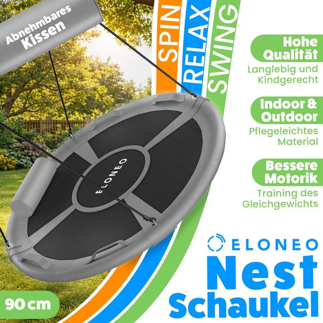 ELONEO Nestschaukel für Outdoor und Indoor, graue Tellerschaukel mit Kissen und Zubehör, Durchmesser: 90 cm - Bild 1