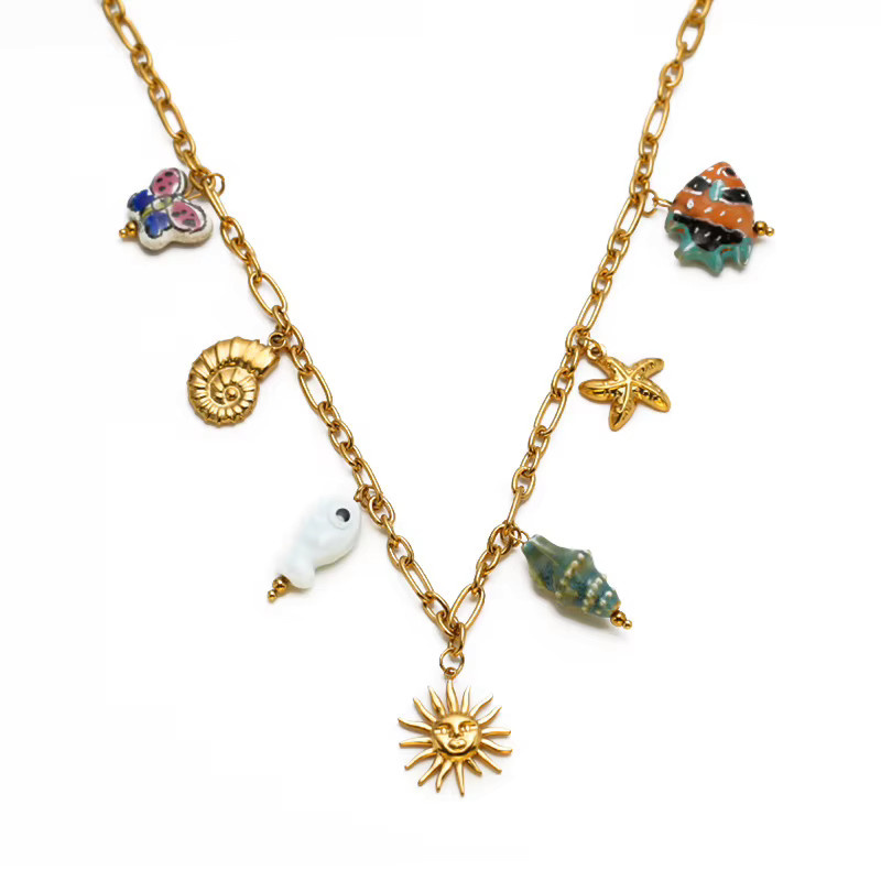 EILIECK Halskette, Edelstahl, Gold, Seestern Shell Sonne Anhänger, Damen - Bild 3