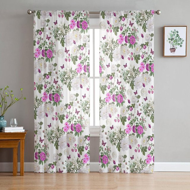 Transparente Vorhänge mit Blumen- und Schmetterlingsmuster in Weiß, Tüll-Voile-Organza-Gardinen für Wohnzimmer und Küche, Breite: 135 cm, Höhe: 115 cm - Bild 1