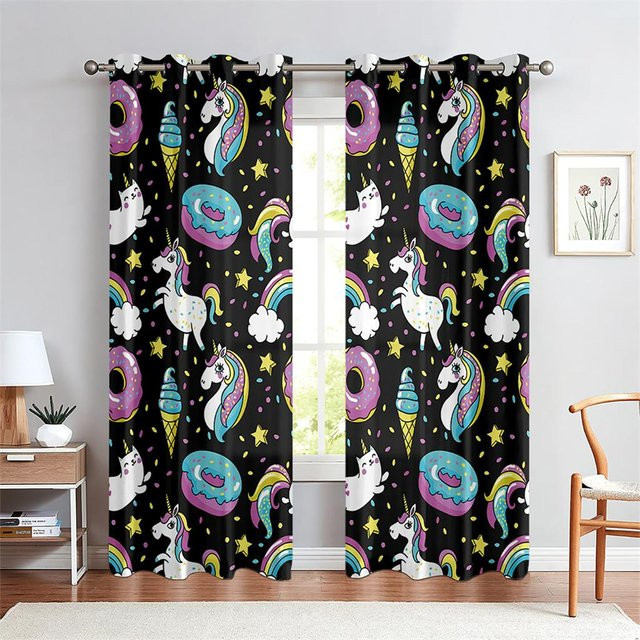 Cartoon Anime Einhorn Vorhänge mit Regenbogen-Motiv, 2er-Set, halbtransparent, Mehrfarbig, Breite: 50 cm, Höhe: 130 cm - Bild 1