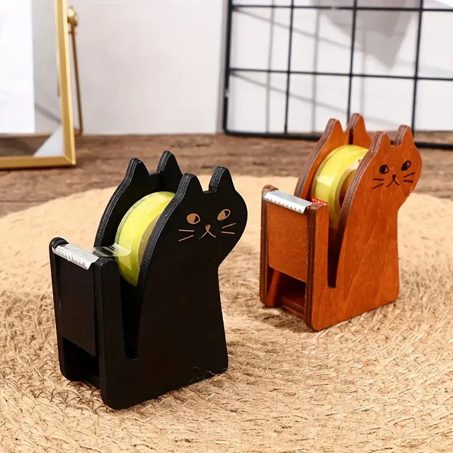 Multifunktionaler Katzen-Klebebandhalter und tragbarer Klebebandschneider in Schwarz mit Holzoptik - Bild 1