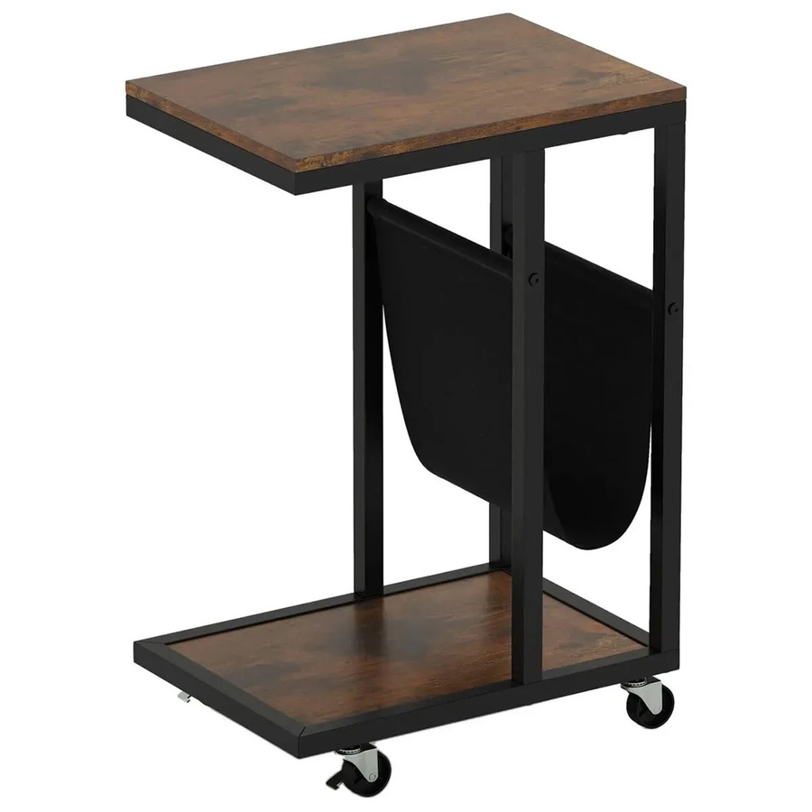 Costway Beistelltisch in C-Form mit Rollen, Sofatisch aus Holz und Metall, Braun/Schwarz - Bild 2