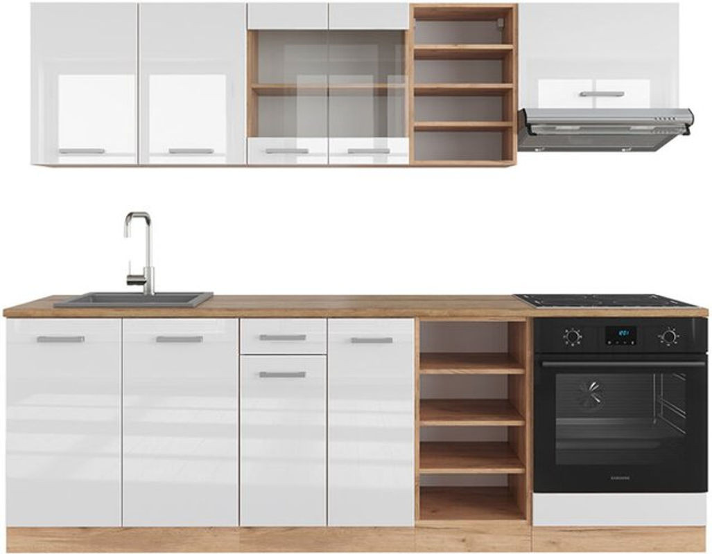 Vicco Küchenzeile R-Line in Weiß Hochglanz und Goldkraft Eiche, Breite: 240 cm - Bild 1