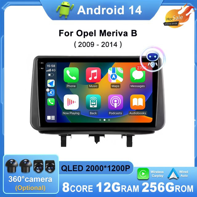 KJ-NAVI Android 14 Autoradio mit kabellosem CarPlay und GPS Navigation für Opel Meriva B 2009 - 2014 in Schwarz - Bild 1