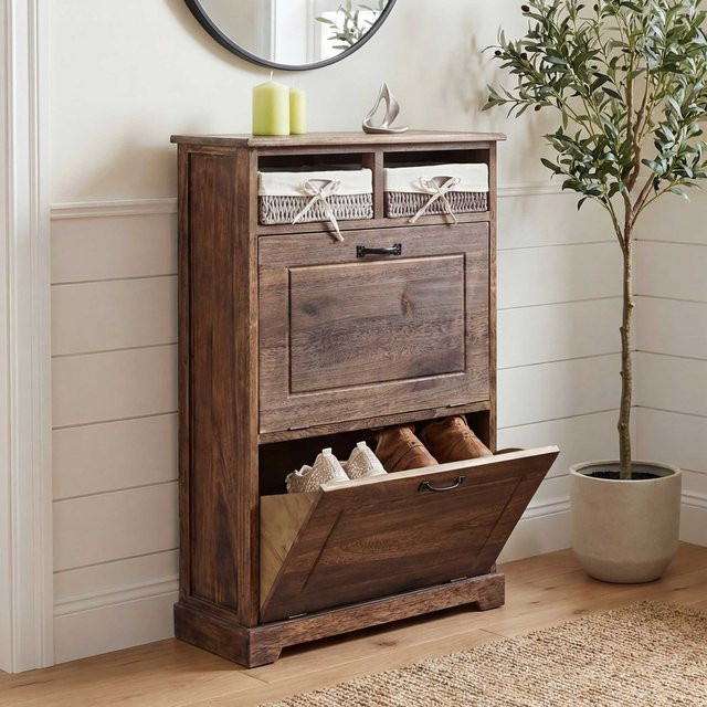 Schuhkipper MCW-H19 Schuhschrank aus Massivholz in Braun mit Korb-Schublade im Shabby-Look, B/T/H: 100 x 24 x 60 cm - Bild 1