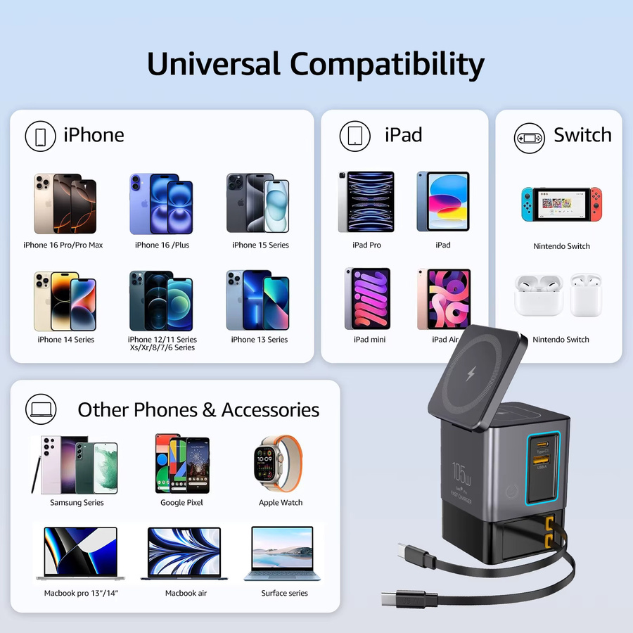 ILEPO 6 in 1 GaN Magnetischer kabelloser Ladeständer 105 W Desktop-Dockstation mit 15 W Schnellladefunktion für iPhone 16 15 14 13 und AirPods in Schwarz - Bild 2