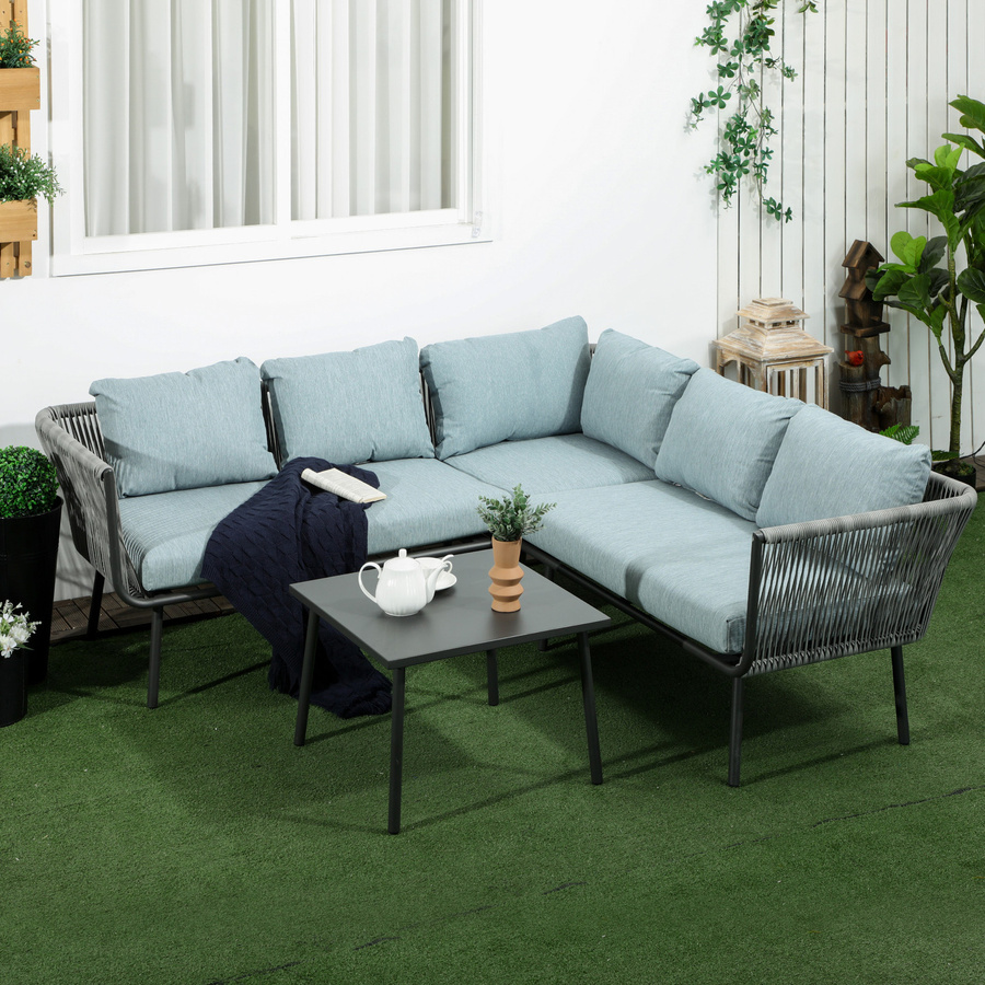 Outsunny Rattan Gartenmöbel-Set in L-Form mit Polsterkissen und Aluminiumgestell, Blau, B/H/L: 120 x 71 x 65 cm - Bild 2