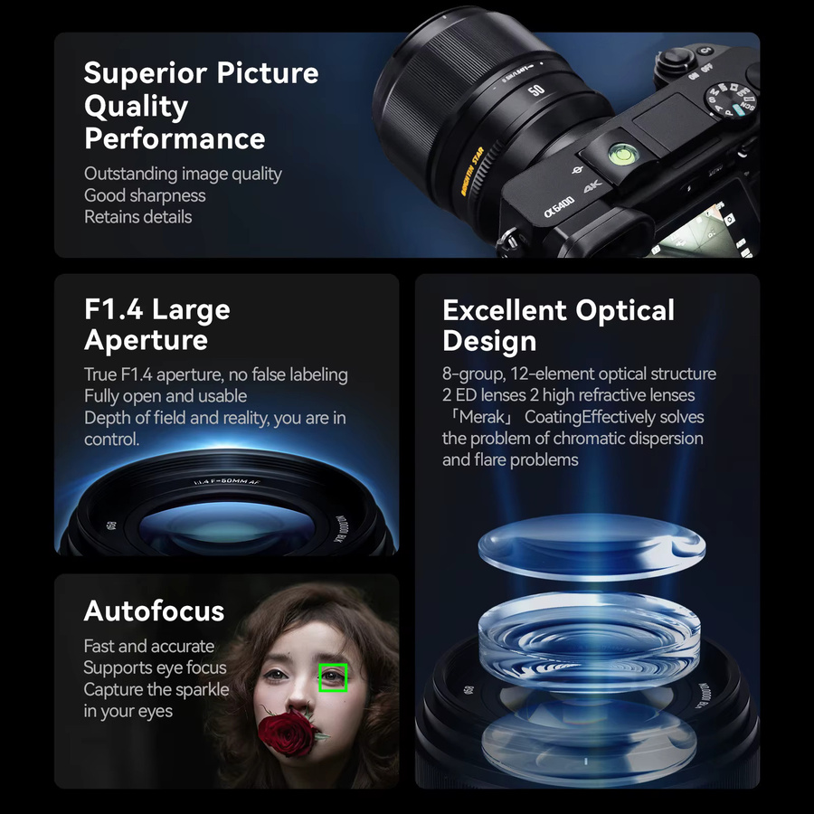 Brightin Star AF 50 mm F1.4 APS-C Objektiv für Sony E und Fujifilm X-Mount, Schwarz - Bild 3